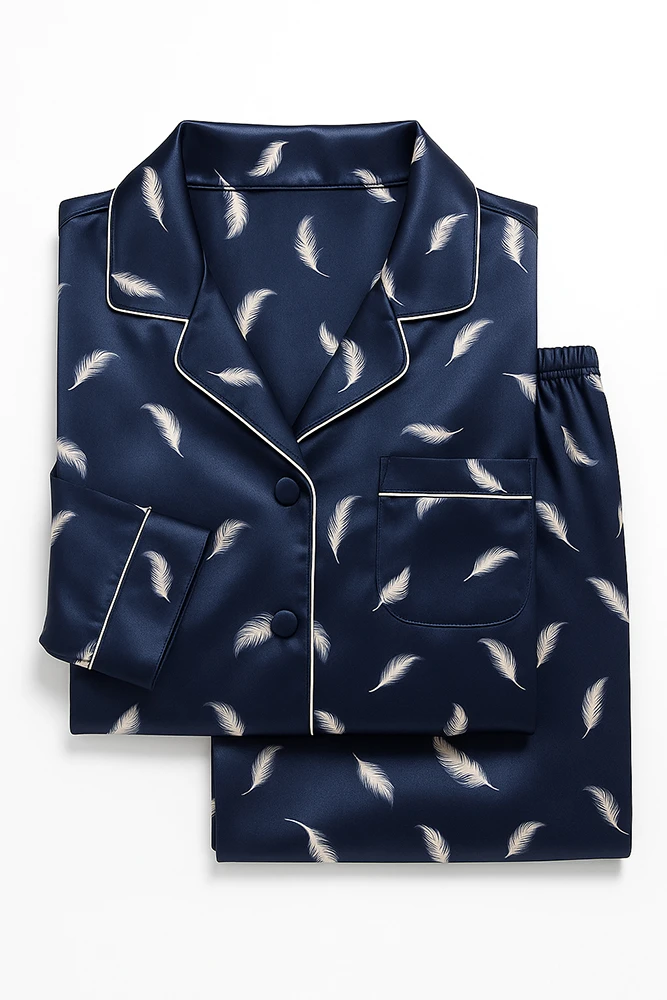 navy-feather-print-satin-silk-pajama-set بلوز شلوار ساتن طرح پر سرمه ای