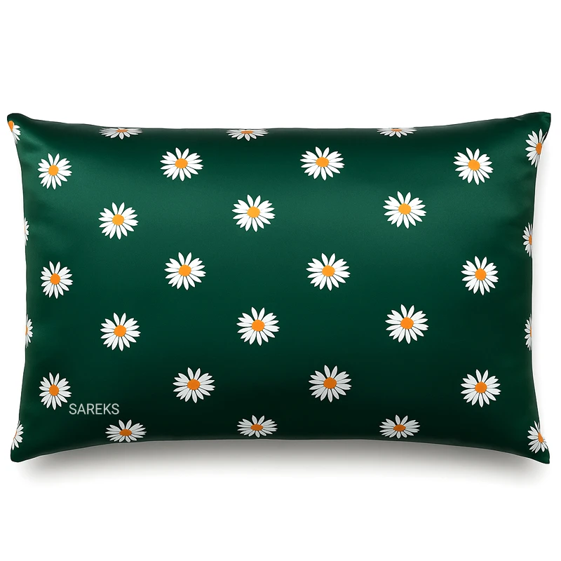 green-daisy-print-satin-silk-pillowcase روبالشی ساتن ابریشم طرح بابونه سبز