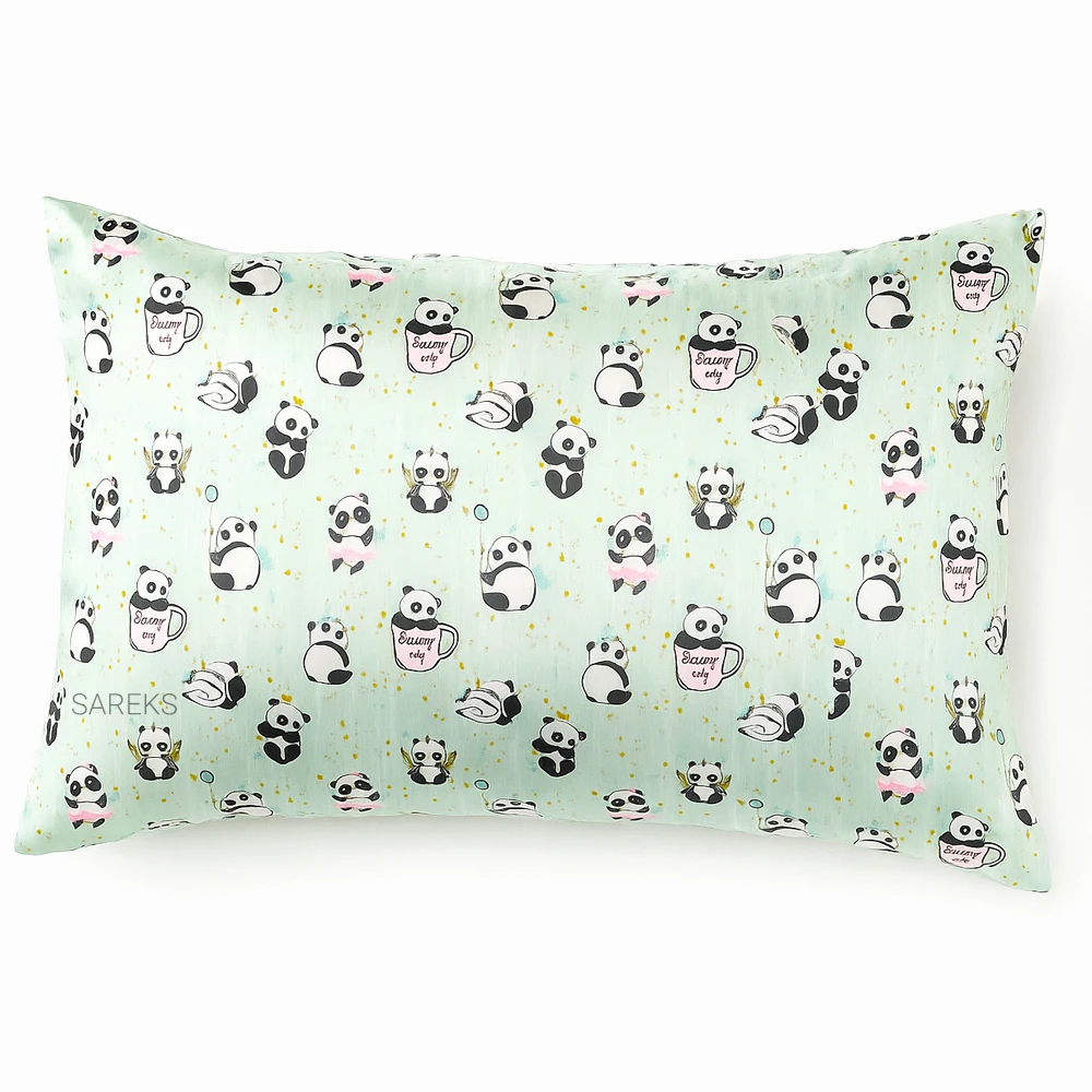 light-green-panda-print-satin-silk-pillowcase روبالشی ساتن ابریشم طرح پاندا سبز روشن