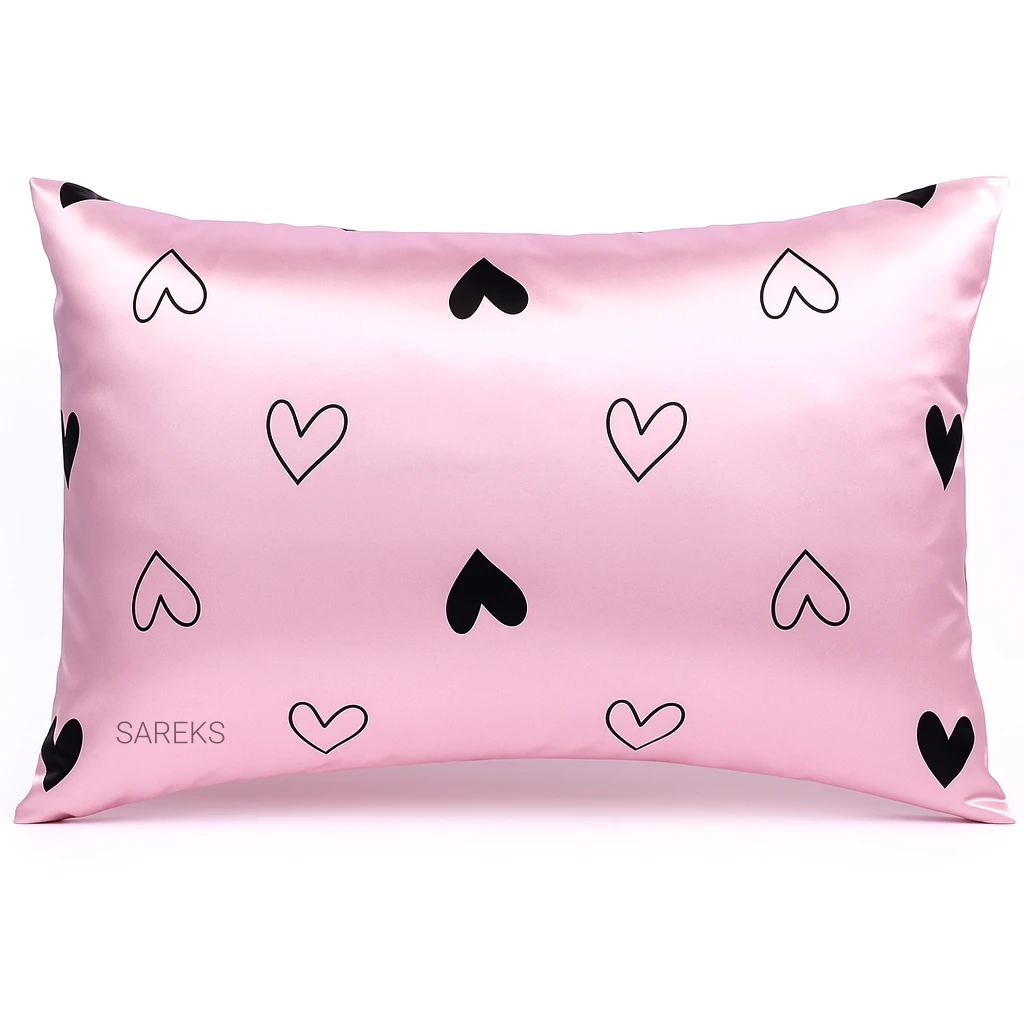 pink-heart-print-satin-silk-pillowcase روبالشی ساتن ابریشم طرح قلب صورتی