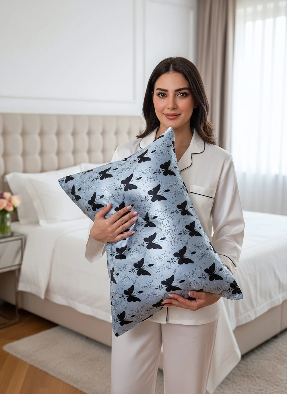 blue-classic-butterfly-print-satin-silk-pillowcase روبالشی ساتن ابریشم طرح پروانه کلاسیک آبی