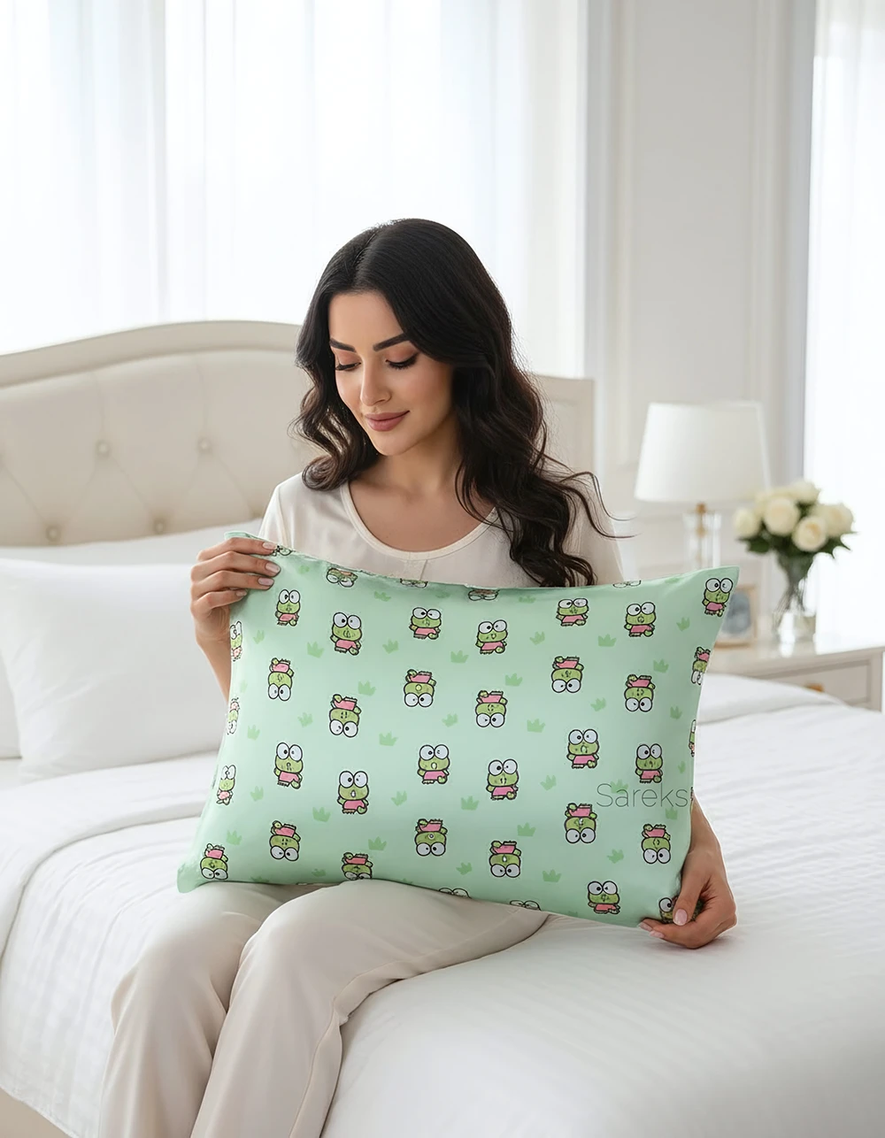keroppi-print-satin-silk-pillowcase روبالشی ساتن ابریشم طرح کروپی