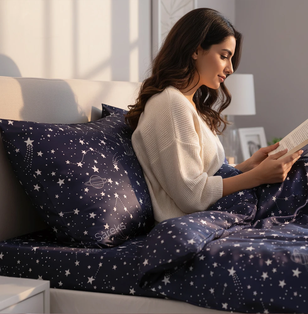 navy-galaxy-print-satin-silk-bedding-set ست روتختی ساتن ابریشم طرح کهکشان سرمه ای
