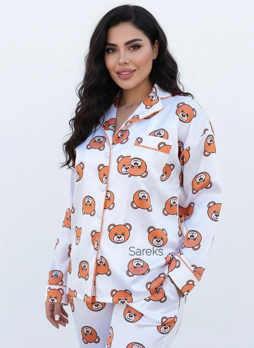 sleepwear-blouse-with-teddy-bear-design بلوز شلوار خواب ساتن ابریشم طرح تدی کله قهوه ای