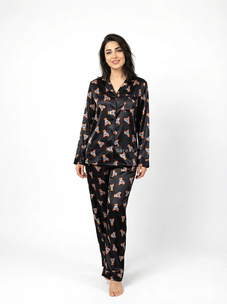black-tedy-print-satin-silk-pajama-set بلوز شلوار خواب ساتن ابریشم طرح تدی مشکی